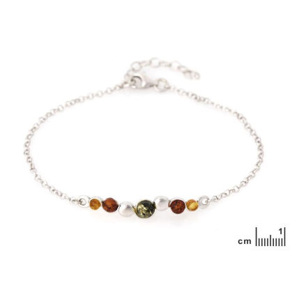 Pulsera con ámbar redondo multicolor, en plata 925 rodiada, longitud 18+3 cm