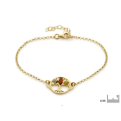 Levensboom armband met veelkleurige barnsteen, 925 goudkleurige zilver, lengte 18+ 3 cm