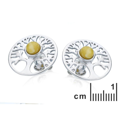 Pendientes Árbol de la vida con ámbar miel natural redondo, en plata 925 rodiada