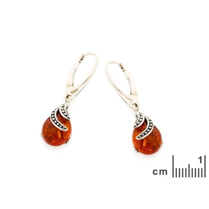Pendientes colgantes con gota de ámbar coñac natural, plata envejecida