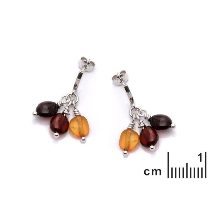 Boucles d'oreilles pendantes avec ambre multicolore, en argent rhodié 925