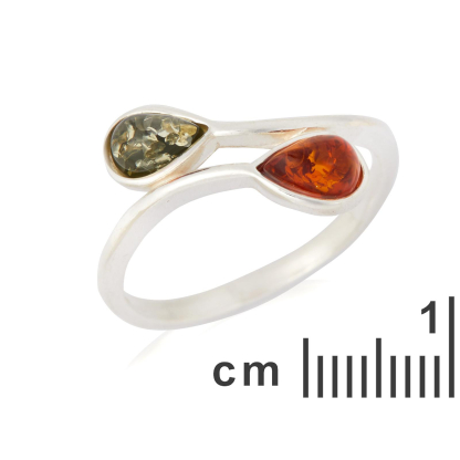 Anello con goccia di ambra multicolore del Mar Baltico, realizzato in argento 925 rodiato