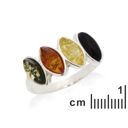 Anel com âmbar natural multicolorido do Mar Báltico, feito de prata banhada a ródio 925
