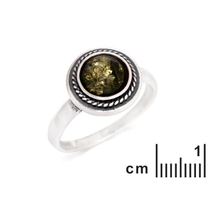 Bague avec ambre vert naturel de la mer Baltique rond, en argent vieilli 925