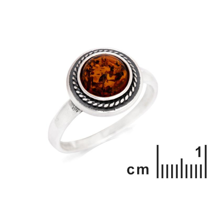 Ring with round Baltic Sea cognac amber, in 925 antique silver