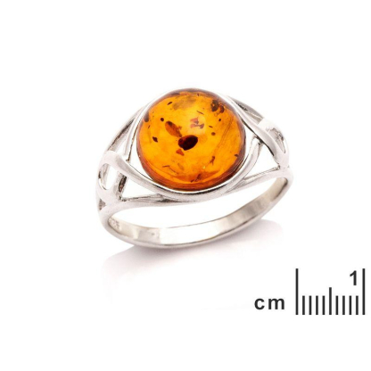 Anillo con ámbar coñac natural del Mar Báltico, redondo, de plata 925 rodiada