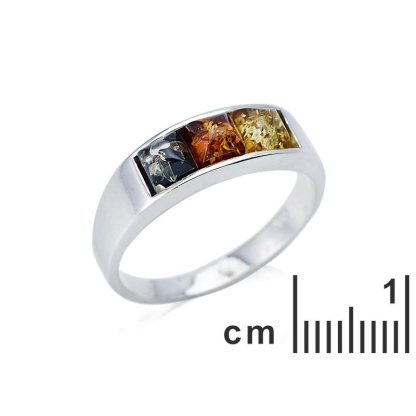 Ring with multi-colored Baltic amber square, in 925 rhodium silver