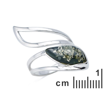 Anello con ambra verde della navetta del Mar Baltico, realizzato in argento 925 rodiato