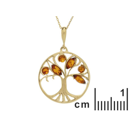 Pendente Árvore da Vida com âmbar conhaque, em prata dourado 925, diâmetro 2,5+1 cm