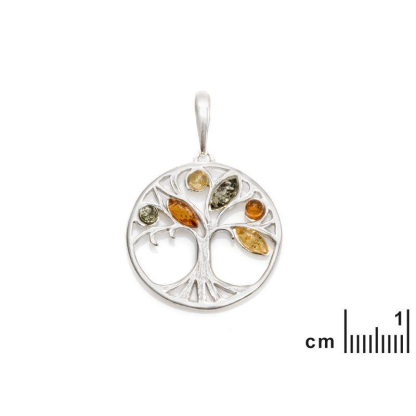 Pendentif arbre de vie avec ambre multicolore, argent rhodié 925, 2,5+1 cm