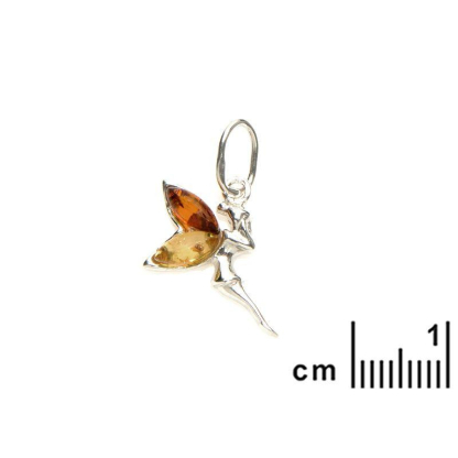 Pingente fada com âmbar multicolorido, em prata 925 banhada a ródio, altura 1,5+1 cm