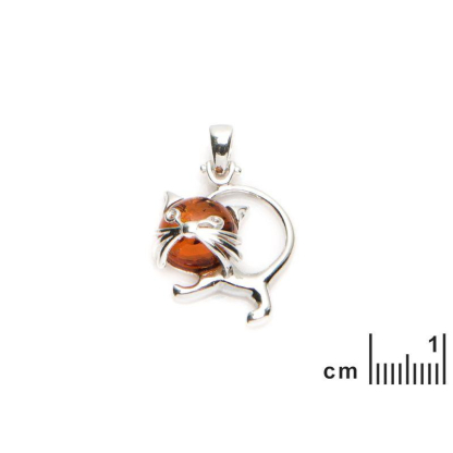 Colgante de gato con ámbar coñac redondo, en plata 925 rodiada, altura 3,5 cm