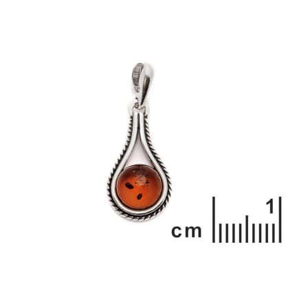 Pandantiv cu chihlimbar cognac rotund, din argint invechit 925, inaltime 2+1 cm