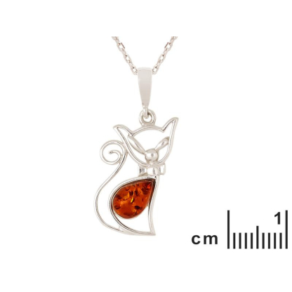 Ciondolo gatto con ambra cognac, in argento 925 rodiato, altezza 2,3+0,8 cm