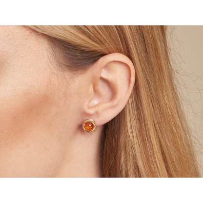 Orecchini con ambra naturale cognac, in argento dorato 925
