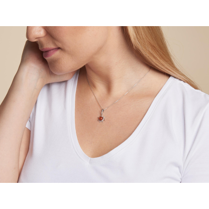 Sun pendant with round cognac amber, in 925 rhodium silver, height 1+1.5 cm