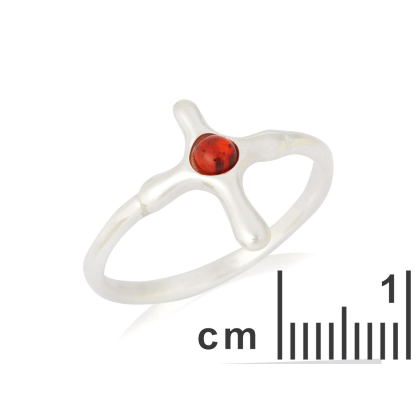 Anello croce con ambra tonda cognac naturale, in argento 925 rodiato