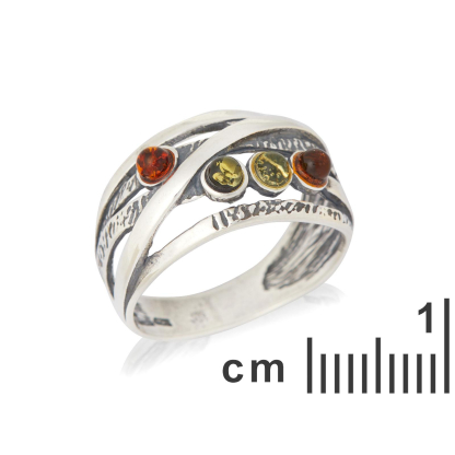 Bague avec ambre multicolore de la mer Baltique rond, en argent vieilli 925