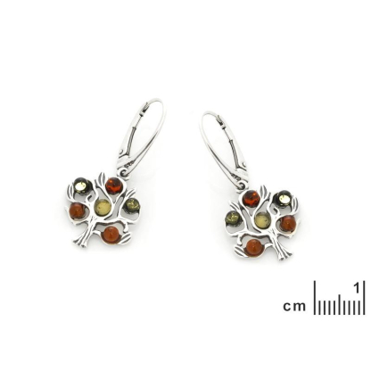 Tree of life earrings with multi-colored amber, in 925 rhodium silver