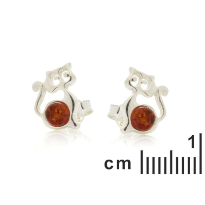 Oorknopjes kat met natuurlijk cognac amber, in 925 gerhodineerd zilver
