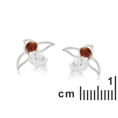 Orecchini a bottone rondine con pallina di ambra cognac, in argento 925 rodiato
