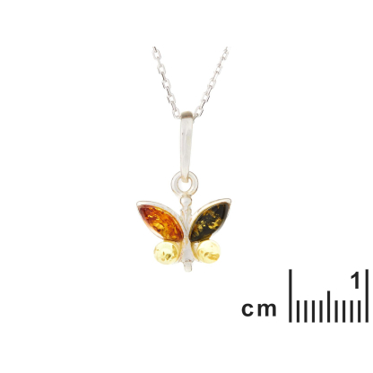 Vlinderhanger met veelkleurig barnsteen, in 925 gerhodineerd zilver, hoogte 1+1 cm
