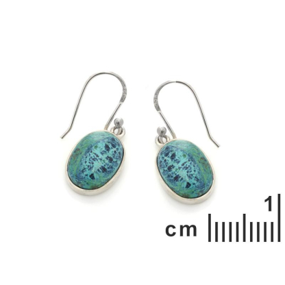 Brincos com shattuckite azul natural, em prata 925 com banho de ródio
