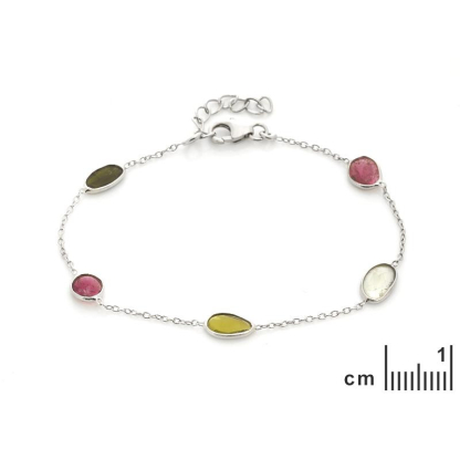 Çok renkli turmalinli, 925 rodyum kaplama gümüş bileklik, uzunluk 16+3 cm
