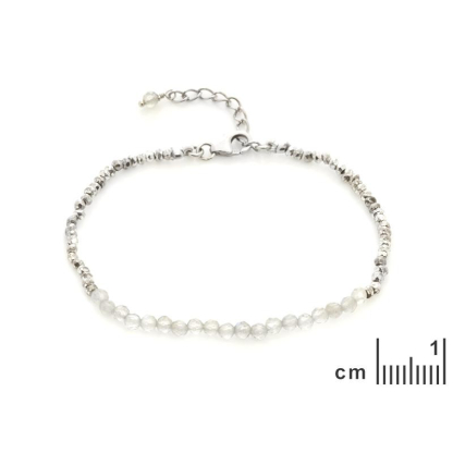 Pulseira com labradorita e meteorito, em prata 925 banhada a ródio, comprimento 16+3 cm