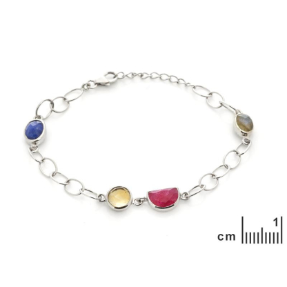 Bracciale con multipietre multicolori, in argento 925 rodiato, lunghezza 15+3 cm