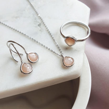 Boucles d'oreilles coeur avec pierre de lune rose naturelle, en argent rhodié925