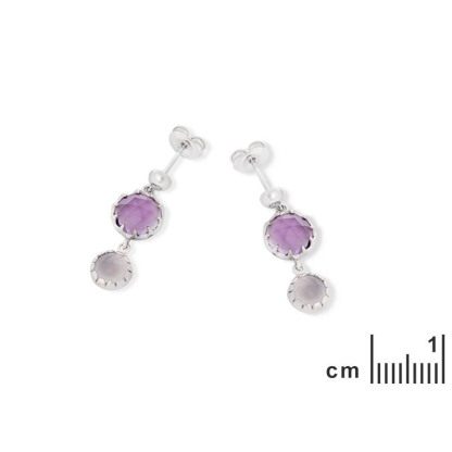 Earrings with round amethyst and chalcedony, in 925 rhodium silver
