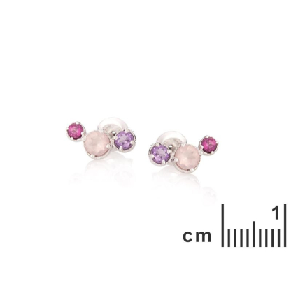 Clous d'oreilles avec multipierres multicolores ronde, en argent rhodié 925