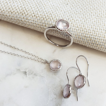 Earrings with round natural rose quartz, in 925 rhodium silver