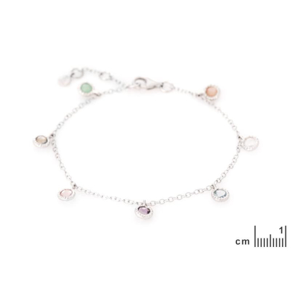 Bracciale con multipietre multicolori, in argento 925 rodiato, lunghezza 16+2 cm