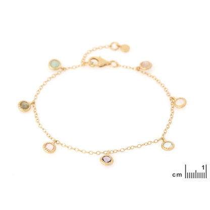 Bracciale con multipietre multicolori, in argento dorato 925, lunghezza 16+2 cm