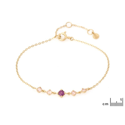 Bracelet avec grenat carré et quartz rose, en argent doré 925, longueur 15+3 cm