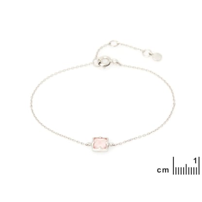 Bracelet avec quartz rose carré, en argent rhodié 925, longueur 15,5+3 cm