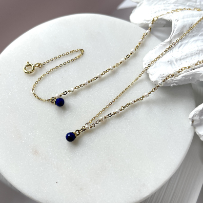 Bracelet avec lapis-lazuli boule et perles, en argent doré 925, longueur 15+3 cm