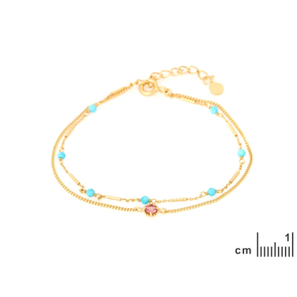 Pulsera con turquesa y turmalina, en plata dorado 925, longitud 15+3 cm