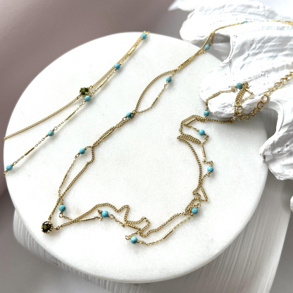 Pulsera con turquesa y turmalina, en plata dorado 925, longitud 15+3 cm