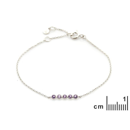 Bracelet avec améthyste violette ronde, en argent rhodié 925, longueur 15+3 cm