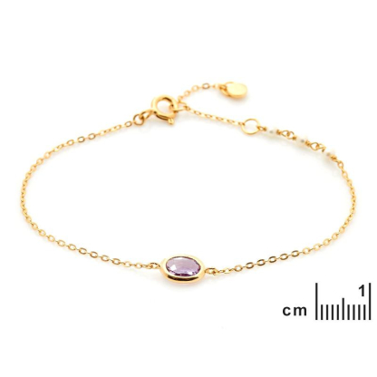 Bracelet avec améthyste ovale et perles, en argent doré 925, longueur 15+3 cm