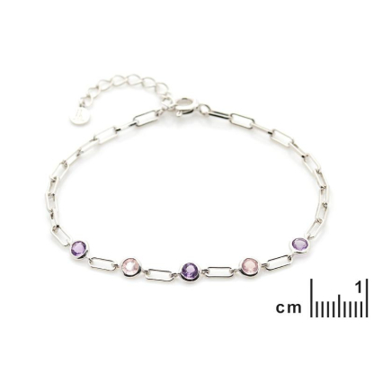 Bracelet avec améthyste et quartz rose, en argent rhodié 925, longueur 15+3 cm
