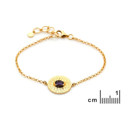 Oval mor ametist taşlı, 925 altın gümüş bileklik, uzunluk 16+2 cm