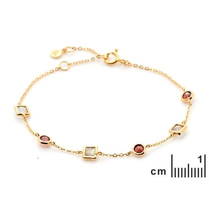 Bracciale con granato e labradorite, in argento dorato 925, lunghezza 15+3 cm