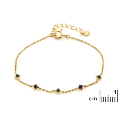 Bracelet avec lapis-lazuli bleu carré, en argent doré 925, longueur 15+3 cm