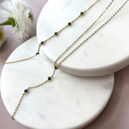 Bracelet avec lapis-lazuli bleu carré, en argent doré 925, longueur 15+3 cm