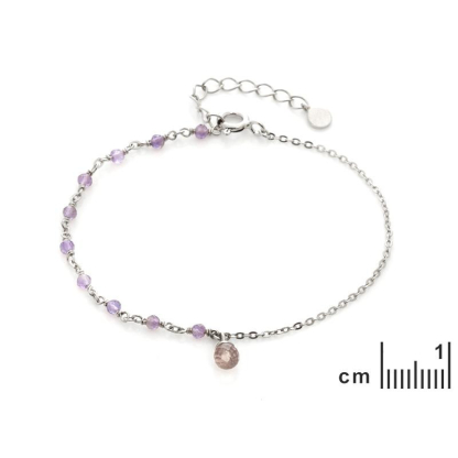 Armband met amethist en rozenkwarts, in 925 gerhodineerd zilver, lengte 15+3 cm