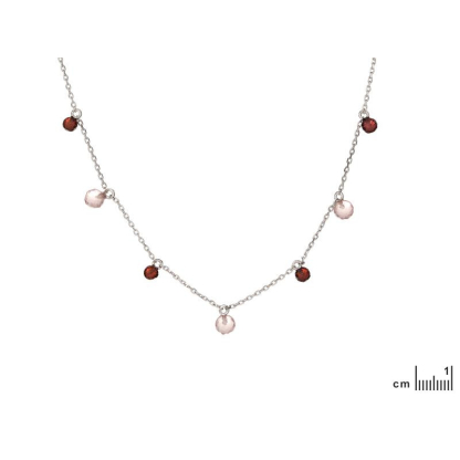 Colier cu cuarț roz și granat, din argint 925 rodiu, lungime 40+3cm